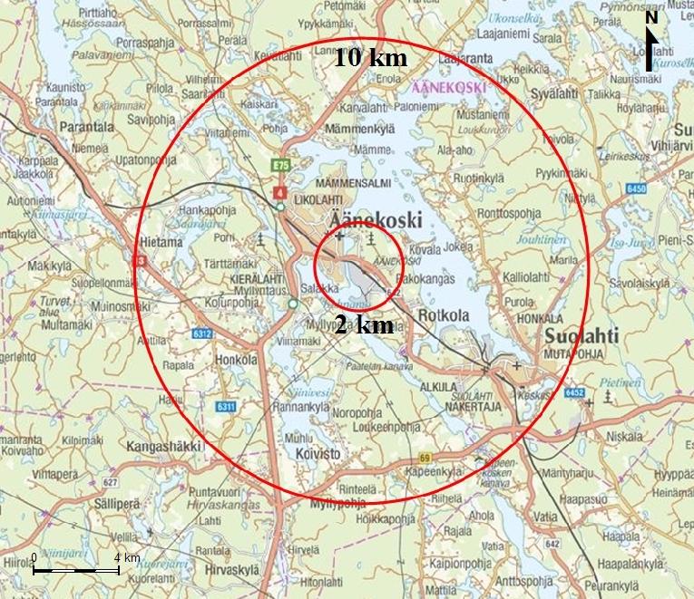 3.12.2009 YVA-ohjelma Kuva 36. Tarkastelualueiden rajaus Äänekoskella. 7.3 Selvitettävät ympäristövaikutukset ja käytettävät menetelmät 7.3.1 Keskeiset ympäristövaikutukset Biopolttonestelaitoksen