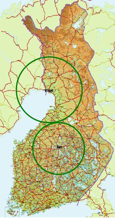 3.12.2009 YVA-ohjelma Kuva 38. Raaka-aineiden hankinta-alueet Kemin ja Äänekosken biopolttonestelaitoksille.