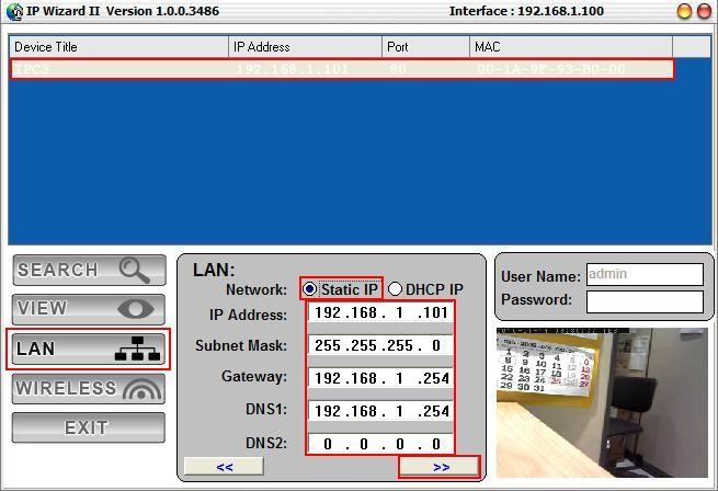 LAN -painike: Ohjelmassa on LAN ominaisuus joka helpottaa IP -asetusten määrittämisessä ja muokkaamisessa IP -kameralle.