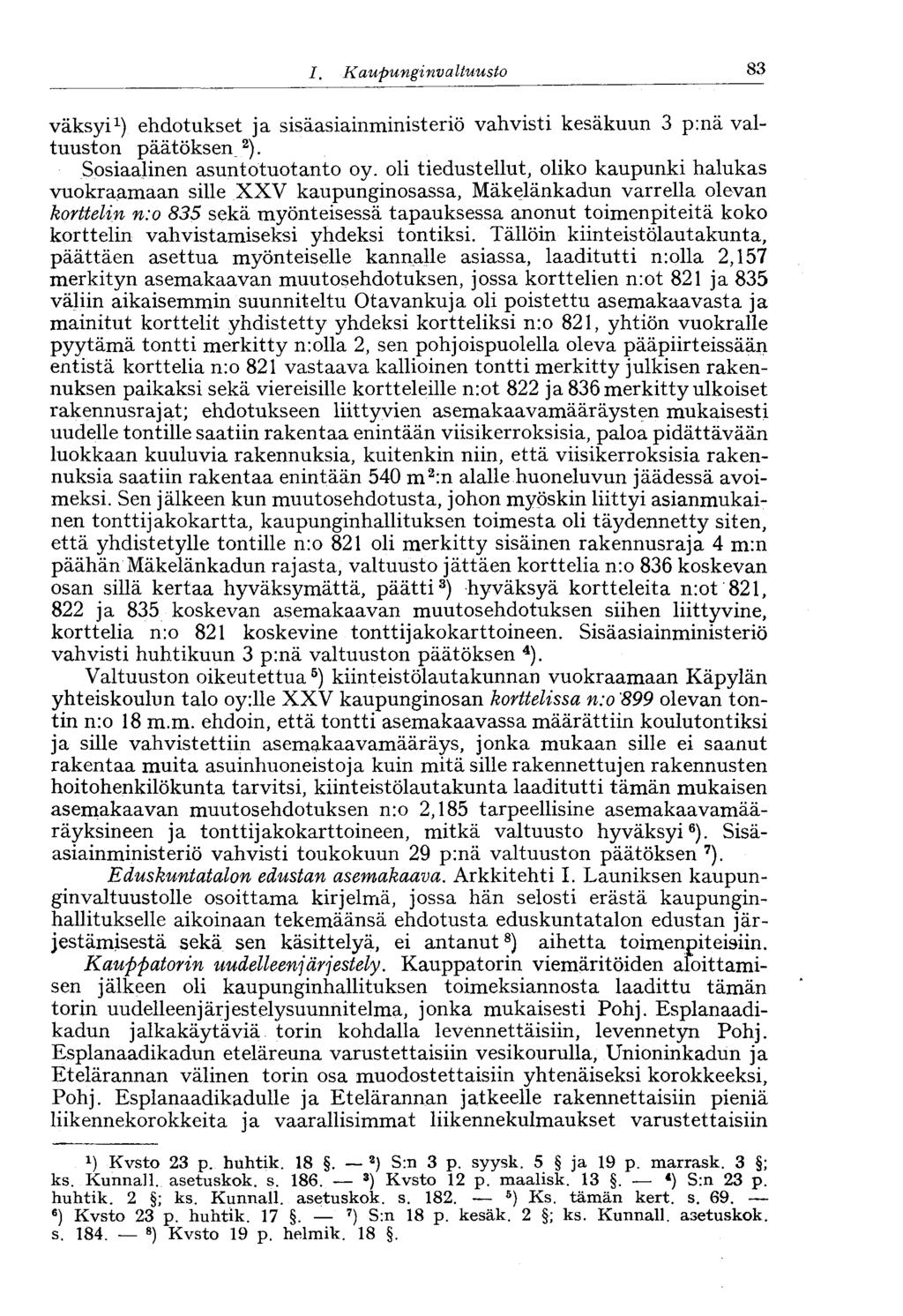 1. Kaupunginvaltuusto 83 väksyi 1 ) ehdotukset ja sisäasiainministeriö vahvisti kesäkuun 3 p:nä valtuuston päätöksen 2 ). Sosiaalinen asuntotuotanto oy.