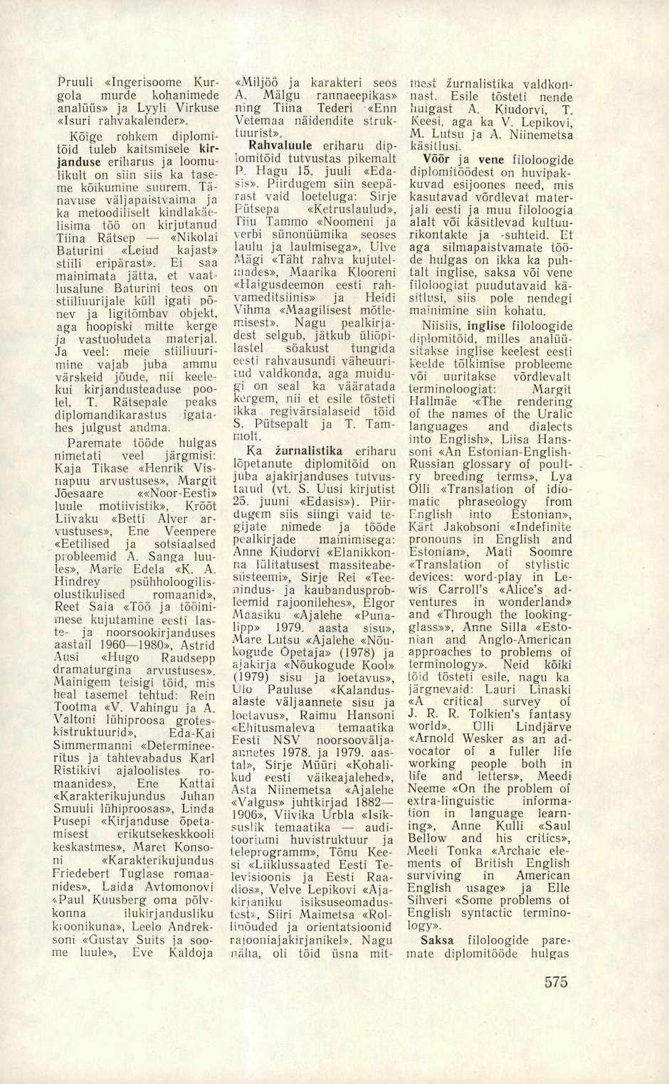 Pruuli «Ingerisoome Kurgola murde kohanimede analüüs» ja Lyyli Virkuse «Isuri rahvakalender».