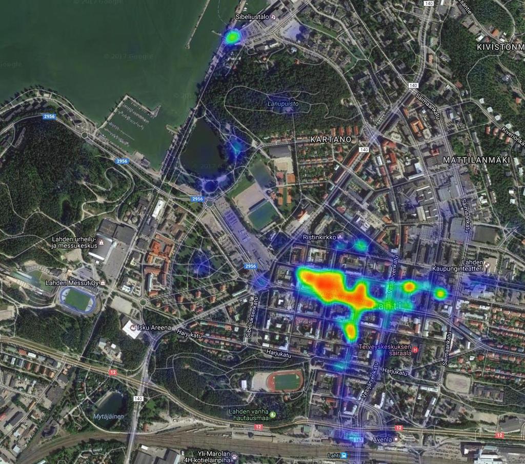 Lämpökartta kaikista paikannuksista Mitä lämpimämpi sävy sitä enemmän paikannuksia Kaikkiaan paikannuksia 3228 Eniten paikannuksia kertyi Kauppatorille, Rautatienkadulle ja