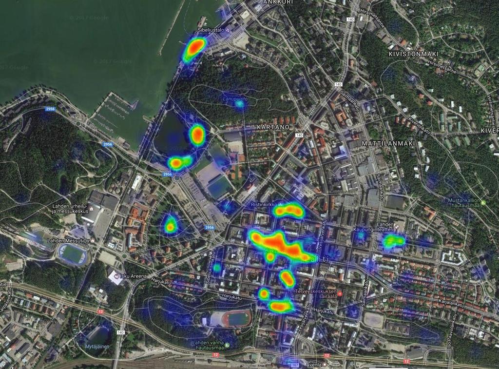 Viihtyisät paikat lämpökarttana Paikannuksia 1092 kpl Viihtyisimmäksi koetut paikat Satama ja Pikku- Vesijärven alue Tori, Aleksanterinkatu