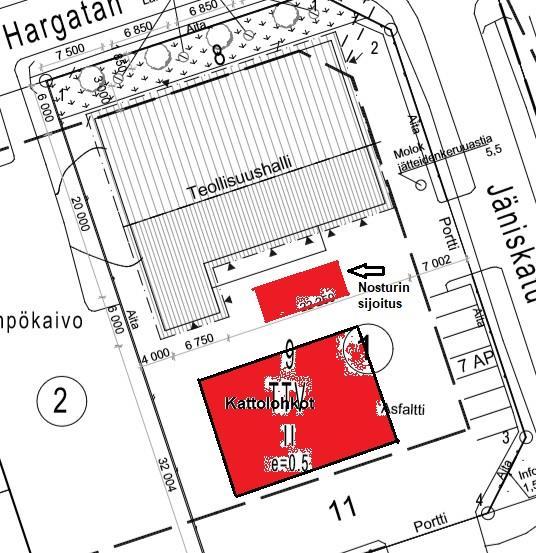 16 Kuvio 9. Lohkojen ja nosturin sijoituspiirustus (Mäkitalo Oy 2017). Myös kattolohkon painopiste on hyvä laskea.