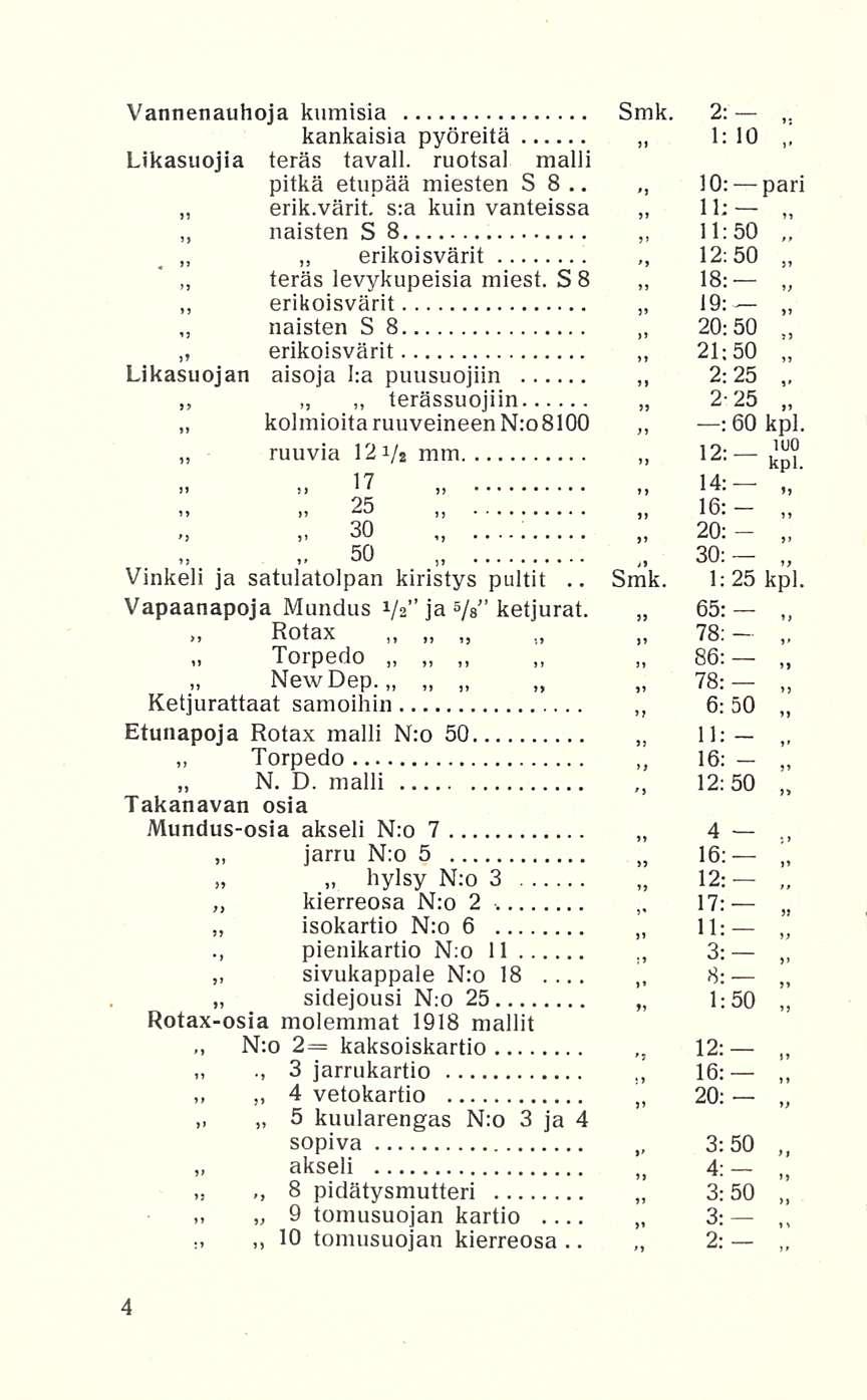 3.. 50 Smk. : 2: Vannenauhoja kumisia Smk. 2: kankaisia pyöreitä 1: 10 Likasuojia teräs tavall. ruotsal malli pitkä etupää miesten S 8.. 10: pari s:a kuin vanteissa 11; erik.värit.