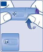 Nähdäksesi jäljellä olevan liuoksen tarkan määrän käytä annoslaskuria: Käännä annosvalitsinta, kunnes annoslaskuri pysähtyy. Jos siinä näkyy luku 3.0, kynässä on jäljellä vähintään 3,0 mg.