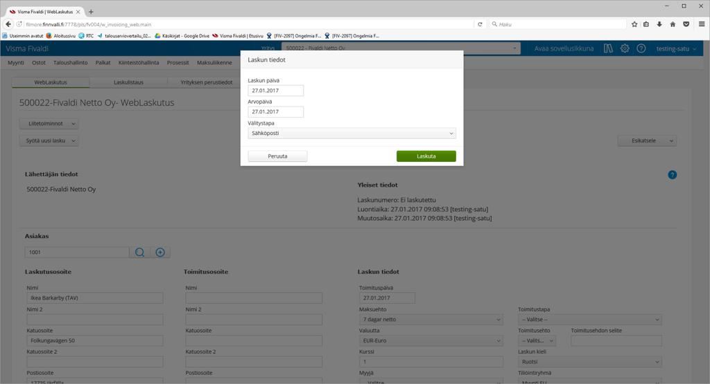 5.3 WebLaskutus Asiakkaan lasku tehdään kuten normaalistikin. Oleellista on huomata, että Laskuta vaiheeseen tulee oikea välitystapa.