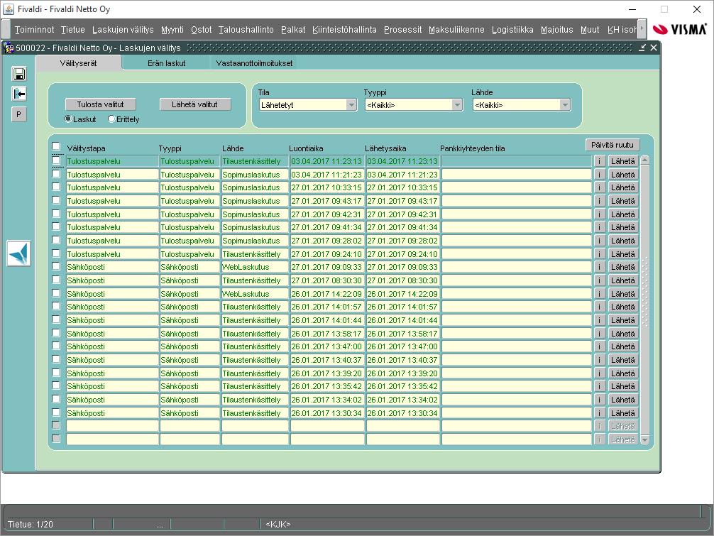 6 Lähetysten tarkastelu 6.1 Laskujen välitys - Tehdyt laskut näkyvät laskujen välityksen välityserät ruudulla tilassa Lähetetyt.
