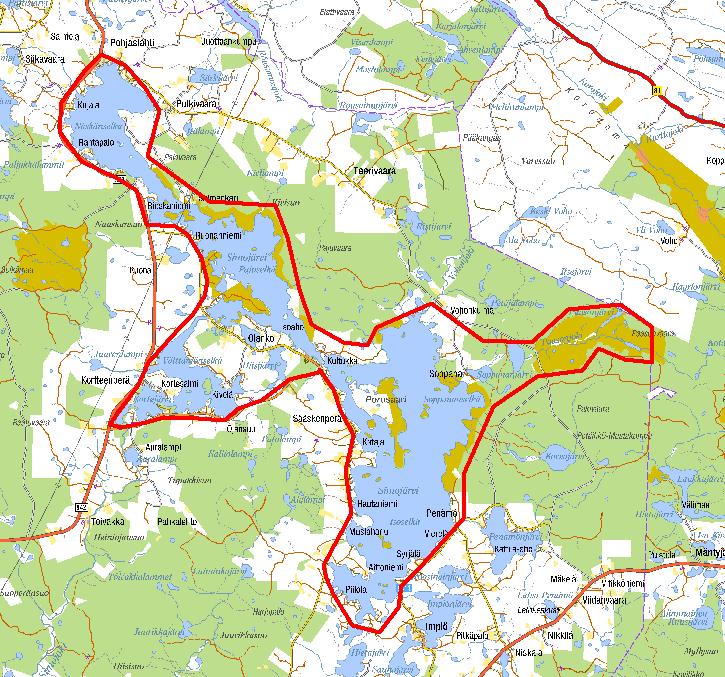Kuva 2. Kävijätutkimuksen aluerajaus (punainen viiva), jonka sisällä on myös yksityismaita (valkoiset). Metsähallitus 2009, Maanmittauslaitos 1/MML/09. Taulukko 1.