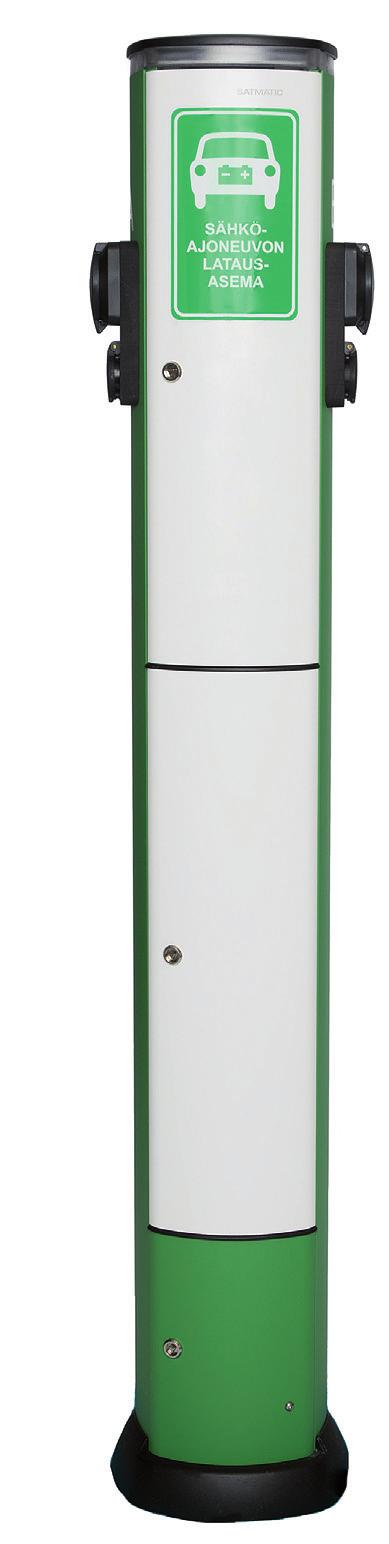 Latausasema 2 x 22 kw Latausasema muuntautuu yhden tai kahden auton lataukseen 2*22 kw (3*32A Type2 + 1*16A Schuko), kwh-mittari, latauksen tilan indikoiva led-valo Kaksipuoleinen latausasema, jossa