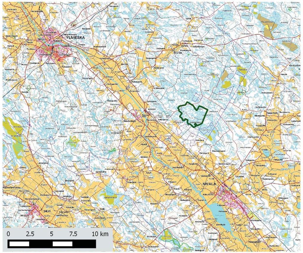 Urakkanevan tuulivoimapuiston sijainti Ylivieskan ja Nivalan rajalla.