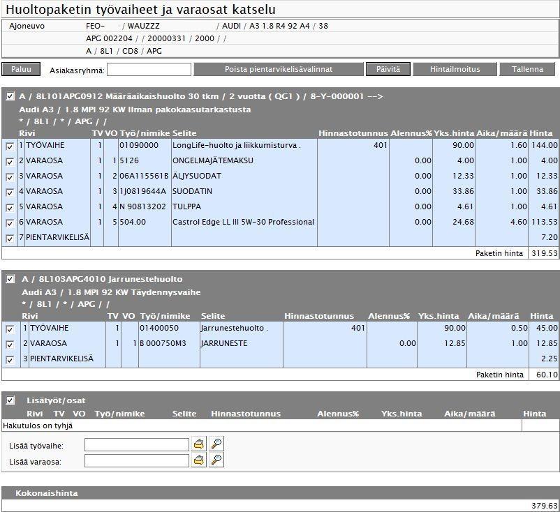 6 Kuva 3. Huoltopakettien hakeminen HULI-järjestelmästä 3.2 Valmistelevat työt Huoltoneuvoja päättää ajanvarauksen tulostamalla työtilauksen varaosiin.