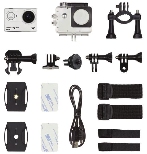 Pakkaus sisältää 1. Kitvision Escape 4KW Actionkamera 2. Vesitiivis (30 m) suojakotelo 3. Pyöräkiinnike 4. Kiinnikeliitin, puristin 5. Ruuvisovitin kameran kiinnittämiseksi ¼" jalustaan 6.