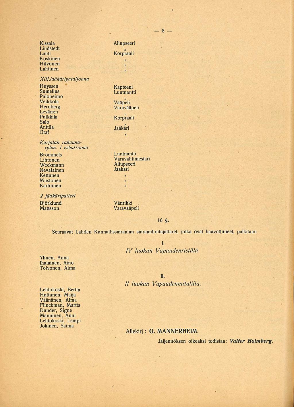 Kissala Lindstedt Lahti Korpraali Koskinen Hilvonen Lahtinen XlllJääkäripataljoona Huyssen Sumelius Paloheimo Veikkola Hernberg Levänen Pulkkila Salo Anttila Qraf Kapteeni Vääpeli Varavääpeli