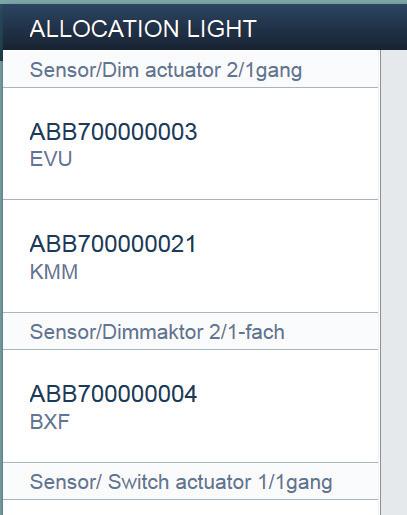 ABB-free@home Käyttöönotto Tunnistus sarjanumeroa käyttämällä Dim actuator 4gang L Dim actuator 4gang EVU ABB700000003 Dim act. railm.