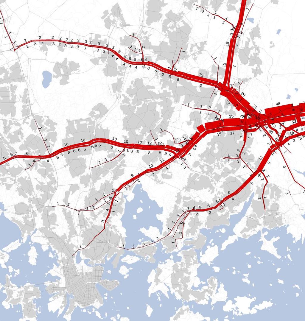 Henkilöautomatkojen suuntautuminen Yleiskaava-alueen aamun henkilöautoliikenteestä varsin pieni osa suuntautuu Kehä I:n sisäpuolelle.