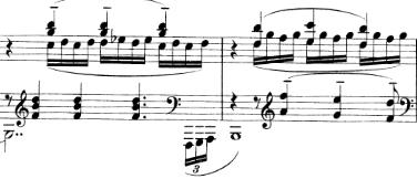17 Kuva. 17 Kadenssi alkaa limittäin kulkevana pianon pääteemana. (Busonin kadenssin nuottiesimerkit sivustolta: IMSLP, Editio: Leipzig: Breitkopf & Härtel's Klavier-Bibliothek, 1907.