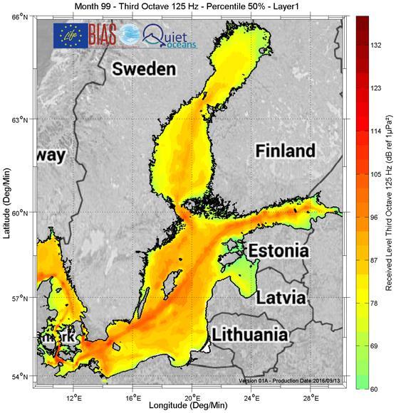 43 Kuva 31. Itämeren äänikartta (Syke) Kuvasta 31 käy selkeästi ilmi käytetyimmät laivaväylät vuodelta 2014.