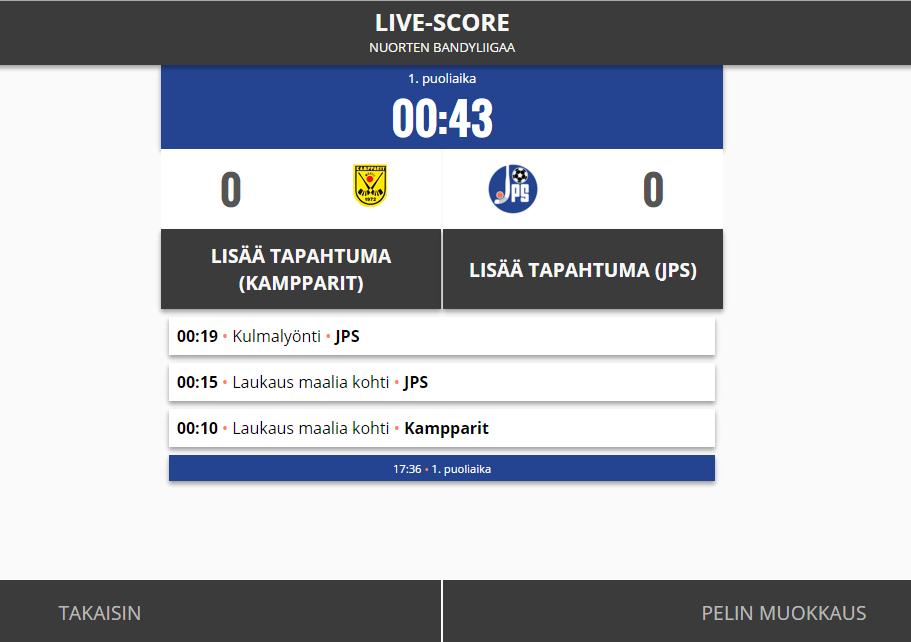 LiveScore (Jatkuu) Pelitapahtumien syöttö joukkueittain