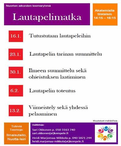 Tietotorin lastenja nuortentila Lapset (3.-6. -luokkalaiset) Maanantai klo 13.00-15.30 Tiistai klo 13.00-15.30 Keskiviikko klo 13.00-15.30 Torstai klo 13.00-15.30 Nuoret (7.
