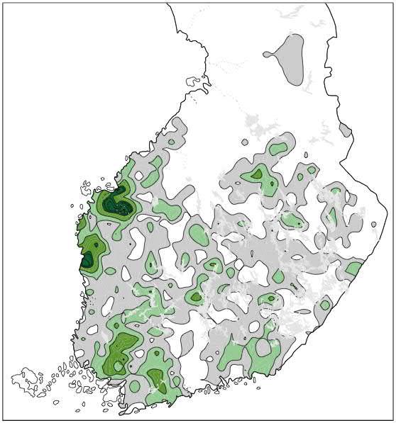 LIITE 1 LIITO-ORAVAN LEVINNEISYYS SUOMESSA 9 Liito-oravan levinneisyys, Hanski 2006: Yleistys liito-oravatiheyksistä eri puolilla Suomea.