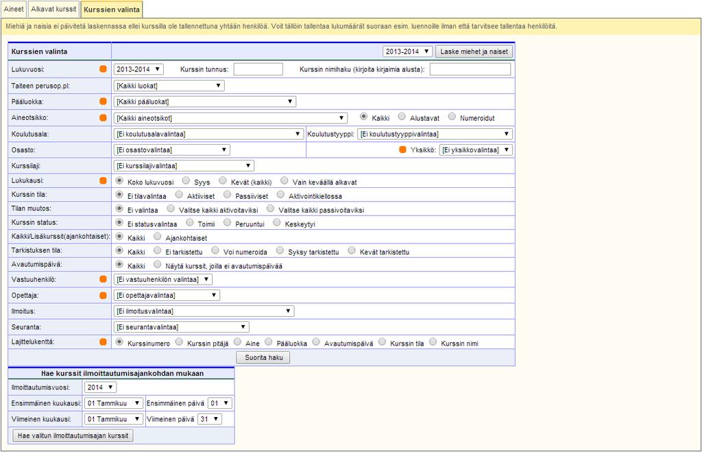 Kurssien tarkastelu Kohdasta Kurssit aukeaa nyt hyvin erilainen näkymä kuin tuntiopettajien puolella. Tämän lomakkeen avulla voit listata kursseja eri hakuehdoin.