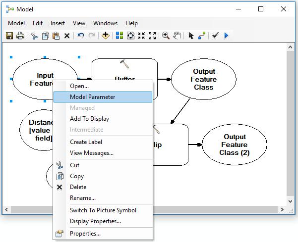 ModelBuilder Kaikki edellisessä vaiheessa muuttujiksi määritellyt syötteet sekä ne tulosteet, joiden nimen käyttäjä saa