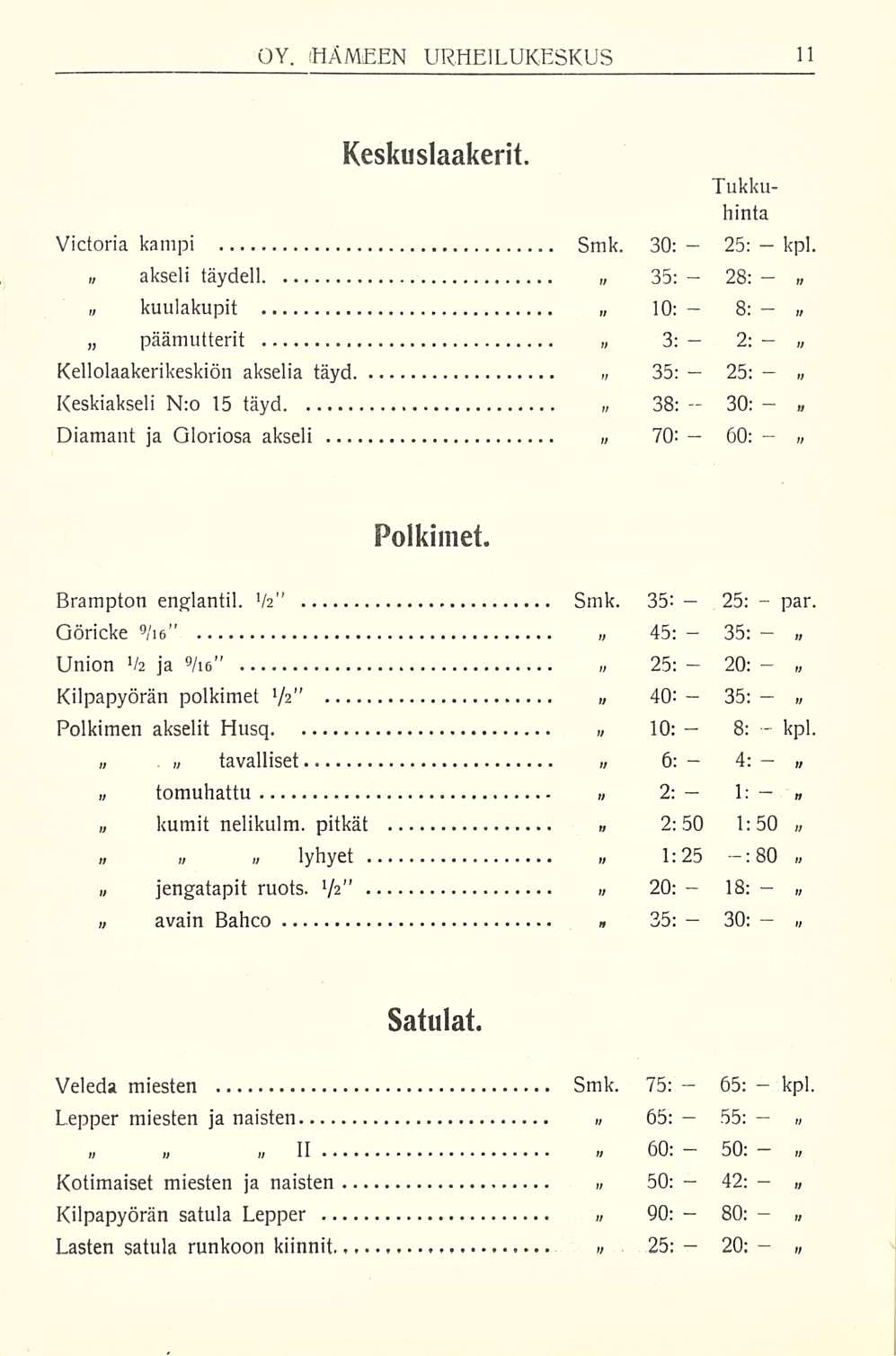 25: 28: 8: 30: 35: 18: 65: 55: 80: OY. ihämeen URHEILUKESKUS Keskuslaakerit. Victoria kampi Smk. 30: akseli täydell.