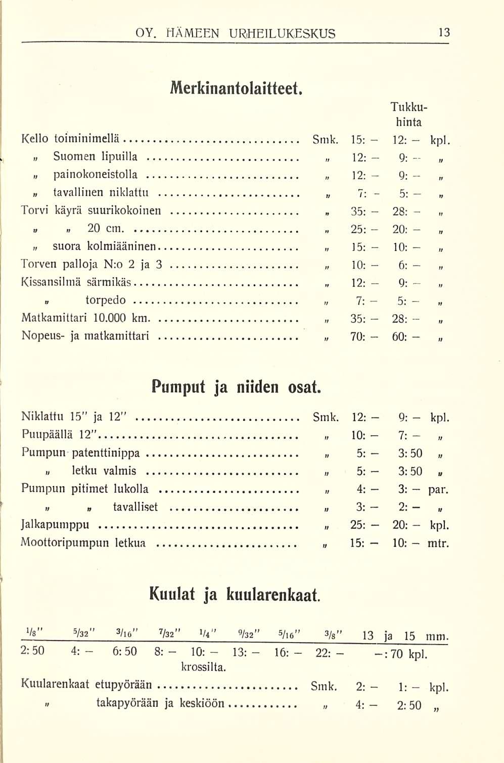 35; 9: 5; 28: 10: 6; 9: 5: 28: 60: 9; 7: 3:50 3: 1: OY. HÄMEEN URHEILUKESKUS Merkinantolaitteet. Kello toiminimellä Smk.