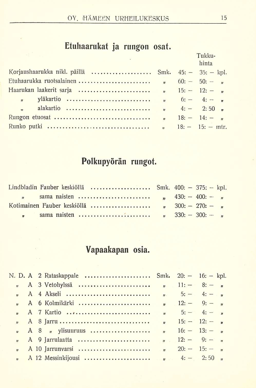 alakartio 35; 2:50 1 375: 300: 9: OY. HÄMEEN URHEILUKESKUS Etuhaarukat ja rungon osat. Korjaushaarukka nikl. pälliä Smk.