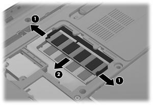 8. Nosta muistimoduulipaikan kantta (2) poispäin tietokoneesta. 9. Jos olet vaihtamassa muistimoduulia, irrota nykyinen muistimoduuli: a. Vedä muistimoduulin sivuilla olevia pidikkeitä (1) ulospäin.