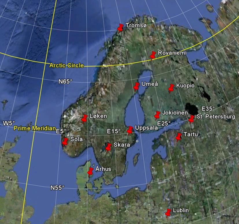 Simuloitu timoteisato Pohjois-Euroopassa 2050 (suorakulmiot) verrattuna jaksoon 1961-90 (pisteet)