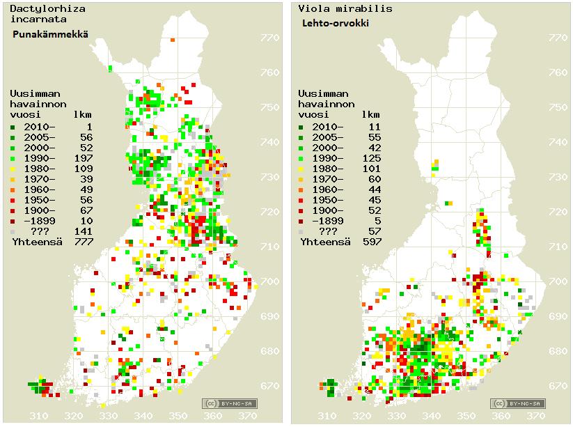 Kuva 61. Punakämmekän ja lehto-orvokin esiintymisalueet sekä uusimman havainnon vuosi ja lukumäärä.