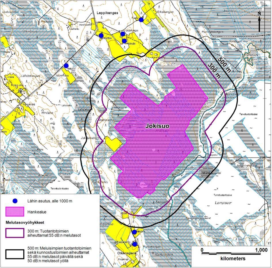 Kuva 70. Hankealueen 300 500 metrin etäisyysvyöhykkeet eli vyöhykkeet, joissa turvetuotannon eri toimet ylittävät 55 db:n melun ohjearvon.