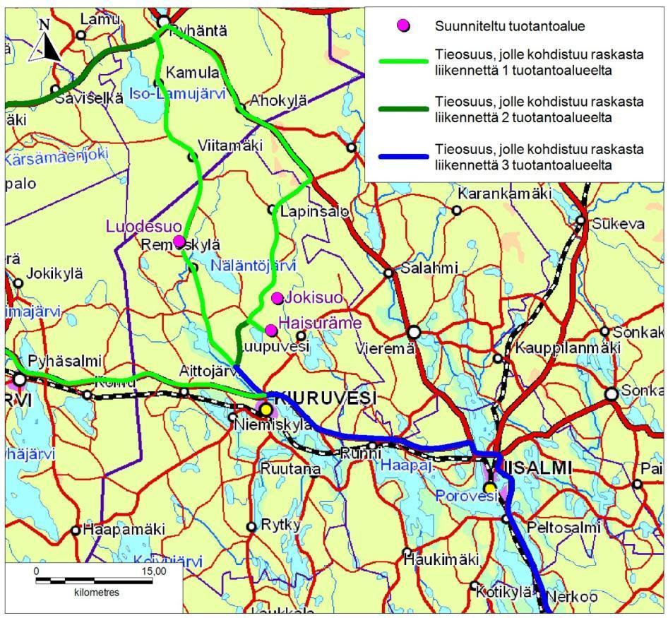 Kuva 73. Energiaturpeen kuljetusreitit ja liikenteen kohdistuminen eri tieosuuksille (Pohjakartta MML 2011).