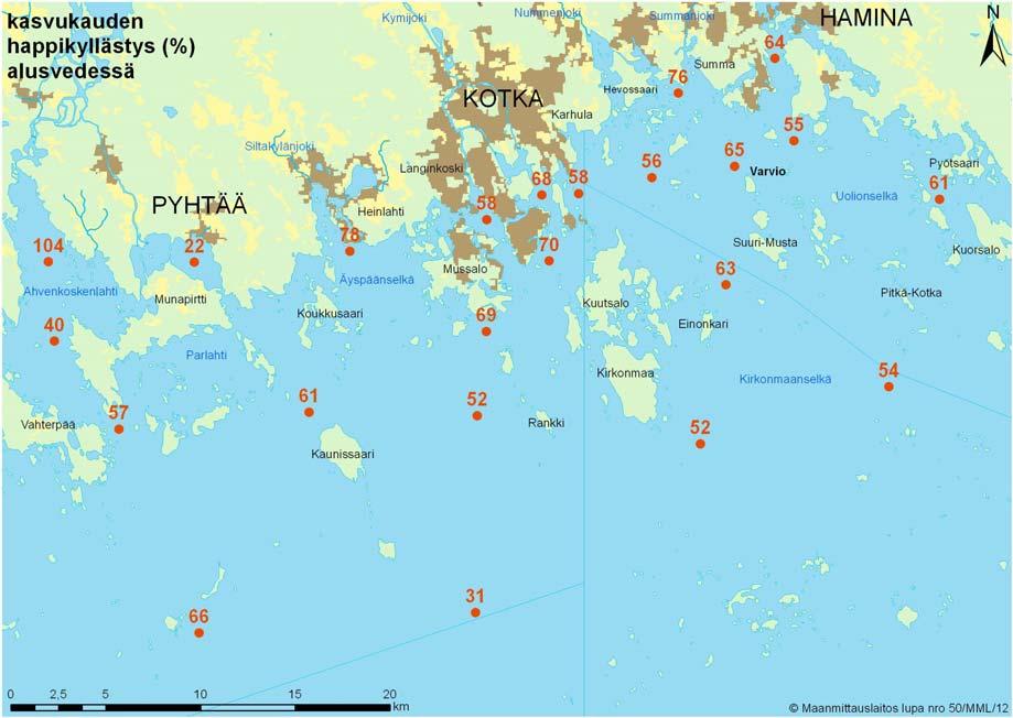 Kuva 17. Alusveden (1 m) keskimääräiset happikyllästysprosentit (%) kasvukauden aikana vuonna 2011. Kuva 18.