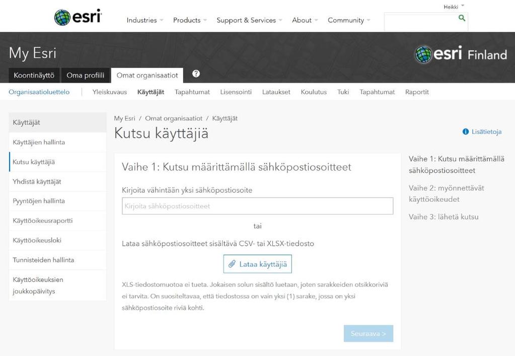 4 (8) 3. Näpäytä vasemman laidan valikosta Käyttäjien hallinta / Manage Users ja sen jälkeen Kutsu käyttäjiä/ Invite Users. 4. Kirjoita henkilön sähköpostiosoite ja paina rivinvaihto.