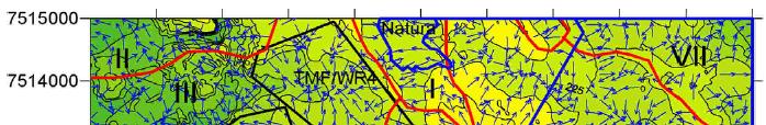 64 Scandinavian Minerals Ltd Kuva 9.7. Valuma-alueet I-VII. Valuma-aluerajaukset on merkitty punaisella ja pienipiirteiset vesien virtaussuunnat sinisin nuolin.