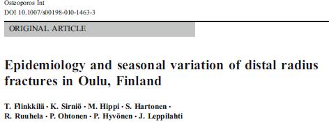 Published online: 23 October 2010 Seasonal variation of distal radius fractures in Oulu according to mechanism of injury 77% murtumista kaatumisten seurauksena Age- and sex-specific incidence