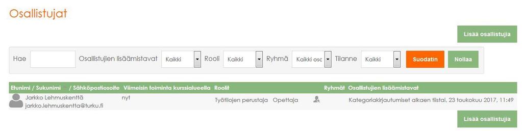 Kurssin henkilöstöhallinta hoidetaan kurssin etusivulta löytyvästä Asetukset lohkosta. Klikkaa Käyttäjähallinta, jolloin sen alapuolelle tulee linkki Osallistujat. Klikkaa vielä siitäkin.