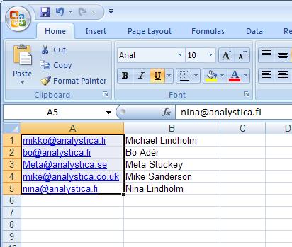 6.3.3 Vastaajien liittäminen MS Excelistä Avaa Excel-taulukkosi siihen kohtaan, jossa vastaajasi ovat.