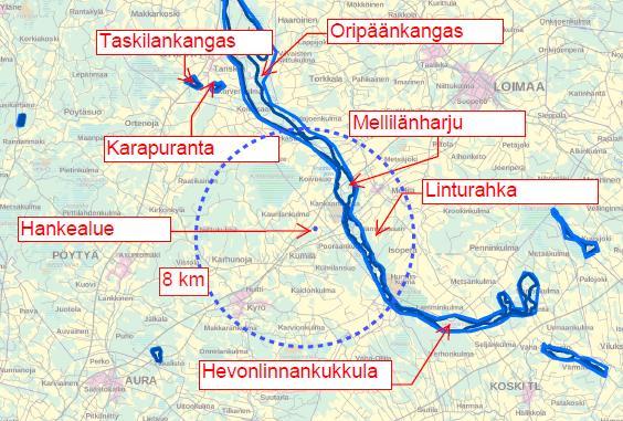 Kuva 5.4 Lähimmät pohjavesialueet. Alueella on voimassa Lounais-Suomen pohjavesien toimenpideohjelma vuosille 2016 2021. Ohjelman tavoitteena on saattaa pinta- ja pohjavedet hyvään tilaan.
