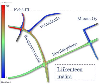 Nykytilanteen liikenteen toimivuus Iltaruuhkatunnilla (15:30-16:30) liikenne suuntautuu pääosin Kehä