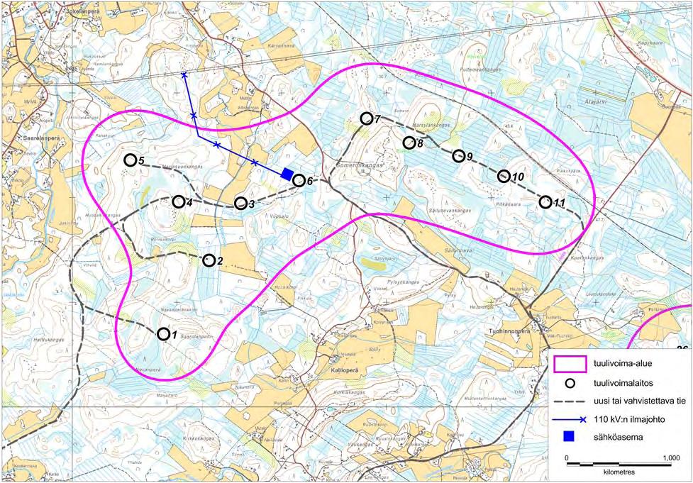 keskustasta. Alueella kulkee maanteitä (tiet 18587 ja 18588) ja alueen koillisosassa rautatie. Tuulivoimapuistoalueen pinta-ala on noin 7,5 km 2.