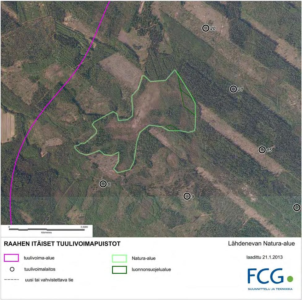 FCG SUUNNITTELU JA TEKNIIKKA OY Raahen itäiset tuulivoimapuistot 65 (88) Kuva 19. Yhteisenkankaan hankealueen lähimpien tuulivoimaloiden sijoittuminen Lähdenevan Naturaalueen läheisyyteen. 5.3.