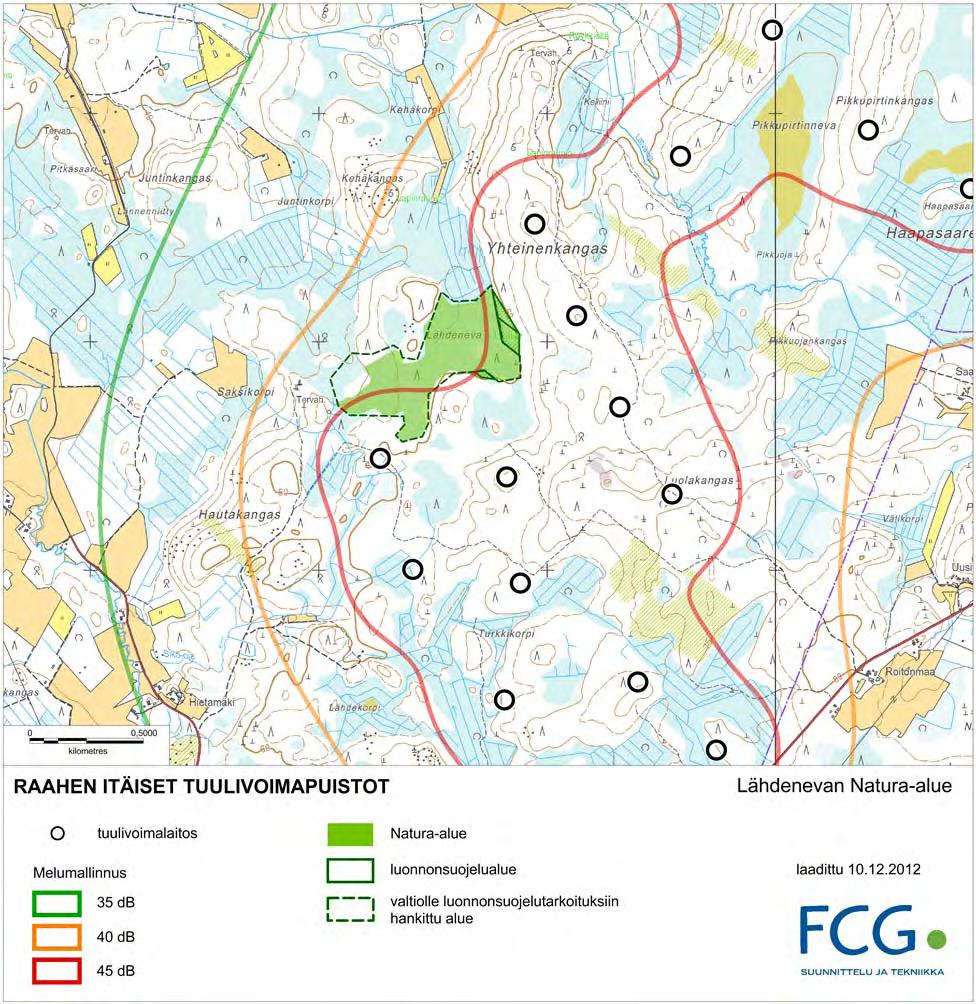 FCG SUUNNITTELU JA TEKNIIKKA OY Raahen itäiset tuulivoimapuistot 71 (88) Kuva 24. Yhteisenkankaan tuulivoimapuiston melun leviäminen Lähdenevan Natura alueella.