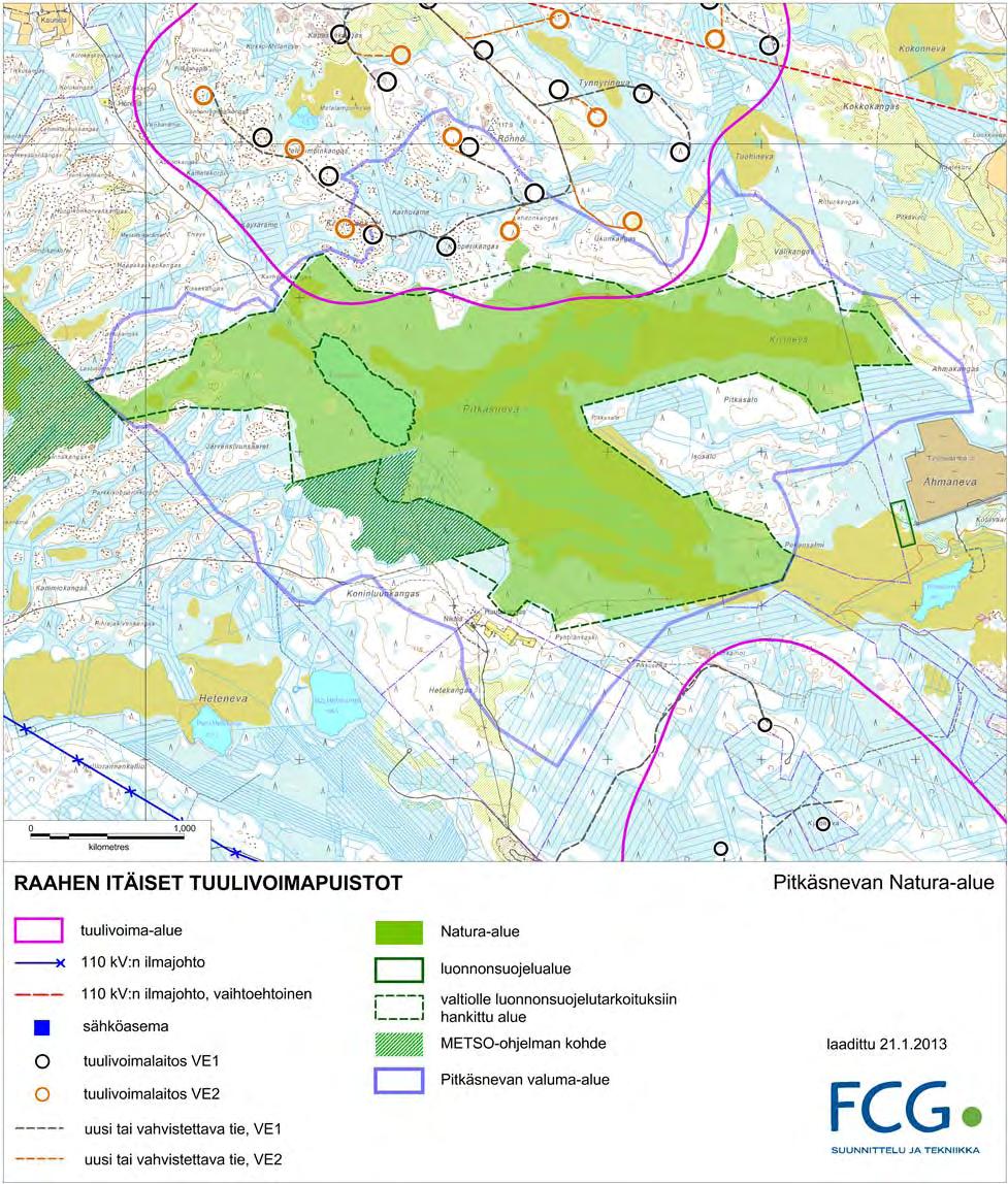 72 (88) Raahen itäiset tuulivoimapuistot FCG SUUNNITTELU JA TEKNIIKKA OY ojia myöten Ahmanevalle ja muualta Pitkäsjärven ja Pitkäsojan kautta Piehinginjokeen.