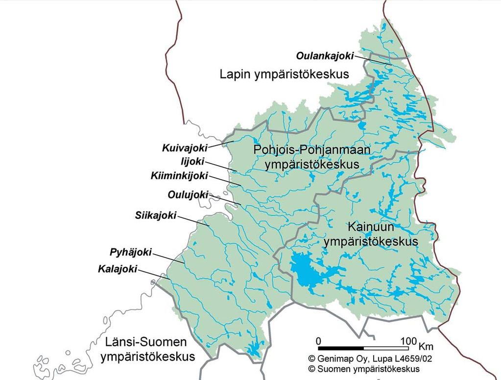 Kemijoen vesienhoitoalue 3 4 1 2 0 200 Km Maanmittauslaitos lupa nro 7/MYY/05 Genimap Oy, lupa L4659/02 SYKE Kuva 1. Vesienhoitoalueet Suomessa.
