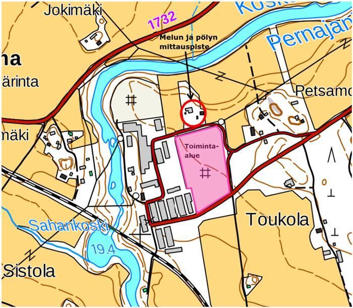 Sivu 15 / 40 Kuva 2. Melun ja pölyn mittauspiste Mittausjakson pituus on noin 30 min - 1 h / mittauspiste ja se riippuu toiminnan melun vaihtelevuudesta ja mittauspisteen ympäristön taustaäänistä (mm.