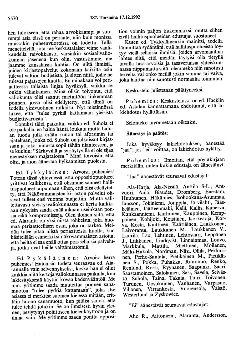 5570 187. Torstaina 17.12.1992 hen tulokseen, että rahaa arvokkaampi ja suurempi asia tässä on periaate, niin kuin monissa muissakin puheenvuoroissa on todettu.